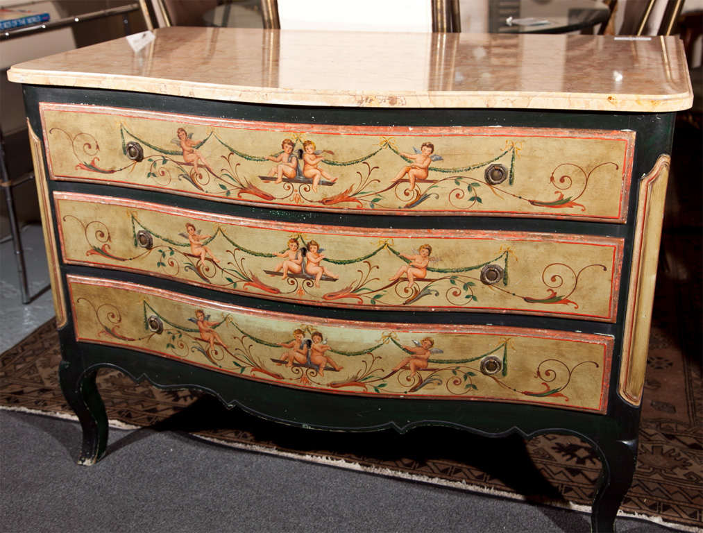 French Provincial Commode Hand Painted Cherub Decoration Serpentine Marble-Top