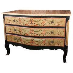 French Provincial Commode Hand Painted Cherub Decoration Serpentine Marble-Top