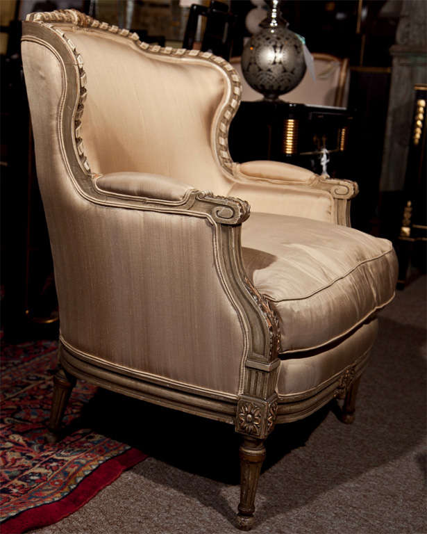 Pair of French Louis XVI Style Bergere Chairs in Fine Painted and Gilt Finish 1