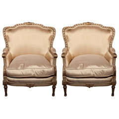 Pair of French Louis XVI Style Bergere Chairs in Fine Painted and Gilt Finish 9