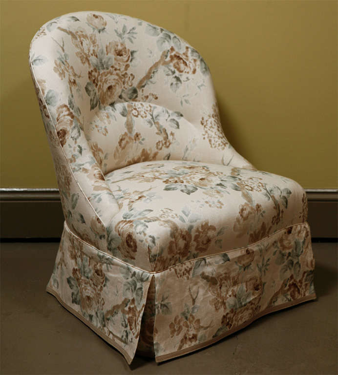 A 19th Century French Slipper Chair newly upholstered in Suzanne Rheinstein*Hollyhock/ Lee Jofa<br />
“Garden Roses” in the Beige/Aqua colorway
