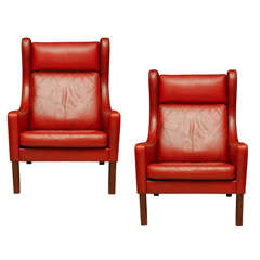 Pair of Red Leather Wingback Armchairs
