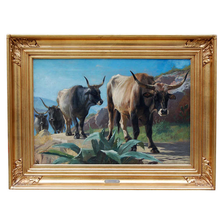 Oxen in Arrid Landscape by Mackeprang For Sale