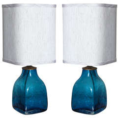 Pair of Blue Blenko Style Table Lamps