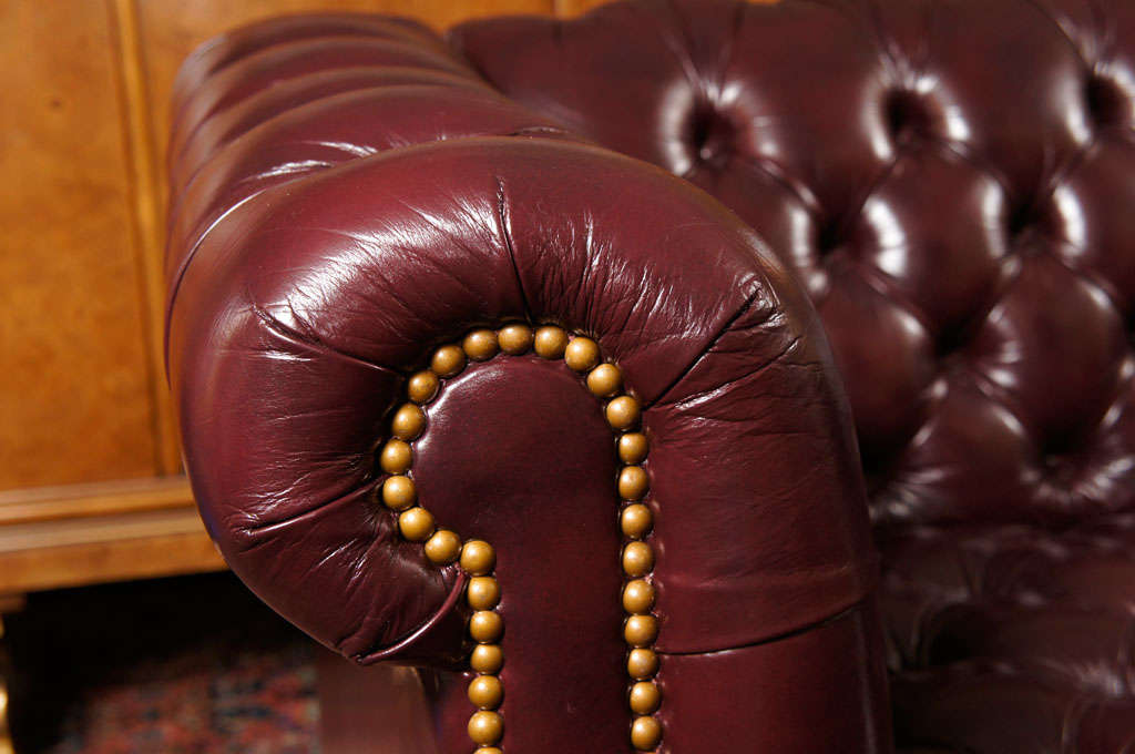American Chesterfield Sofa In Merlot/plum Leather With Brass Nails
