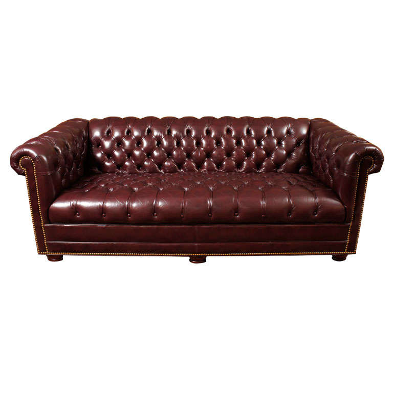 Chesterfield Sofa In Merlot/plum Leather With Brass Nails