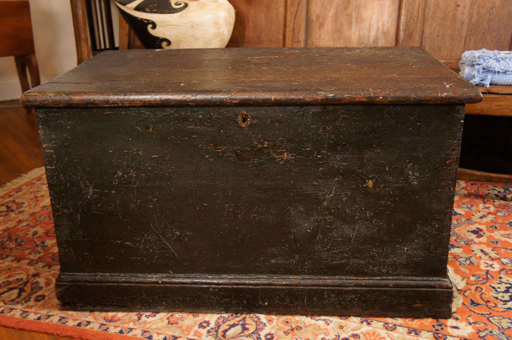 This early English blanket box is a good size for a coffee table or storage at the end of a bed. It has original black paint and wood handles on the ends.