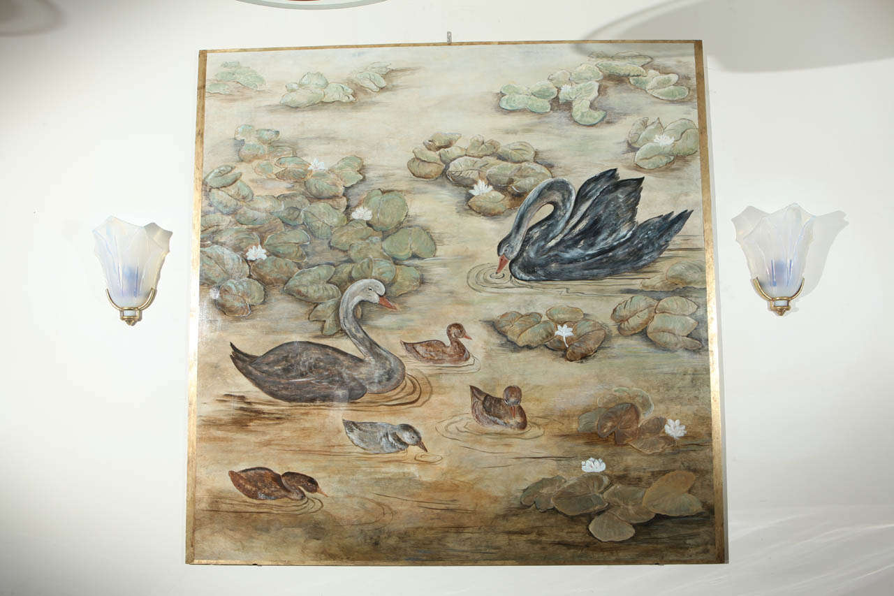 Beautiful lacquer wall panel depicting a family of swans with waterlilies with a gold leaf border. In the manner of Jean Dunand.