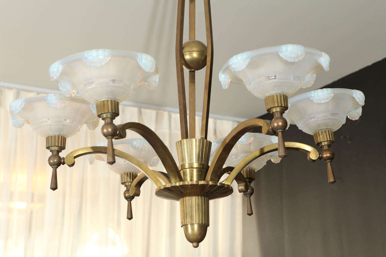 Petitot Chandelier with Waterfall Opaline Shades In Good Condition For Sale In Los Angeles, CA