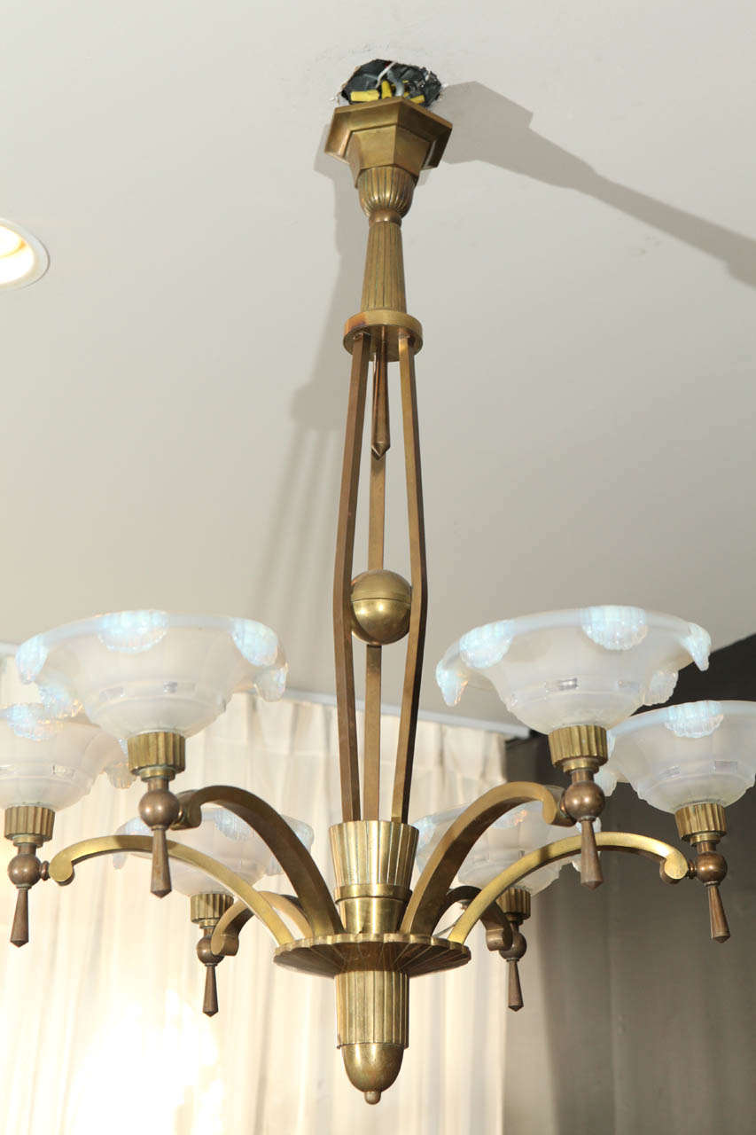 Art Deco Petitot Chandelier with Waterfall Opaline Shades For Sale
