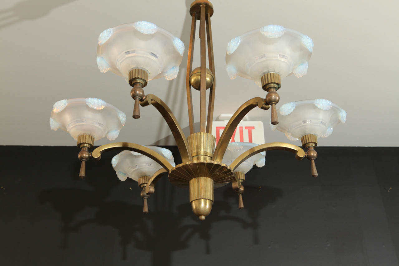 Brass Petitot Chandelier with Waterfall Opaline Shades For Sale