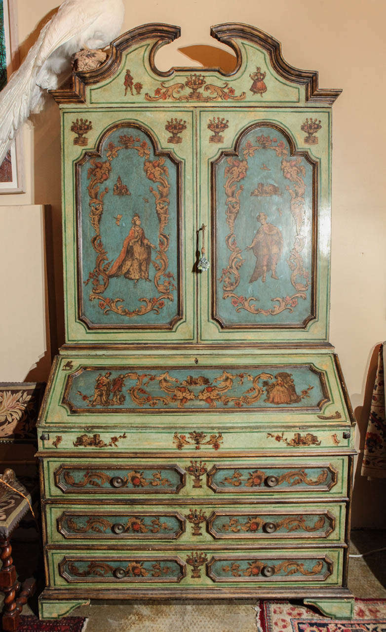 Hand-embellished, parcel-gilt decoupage secretary with broken pediment and molded panels.