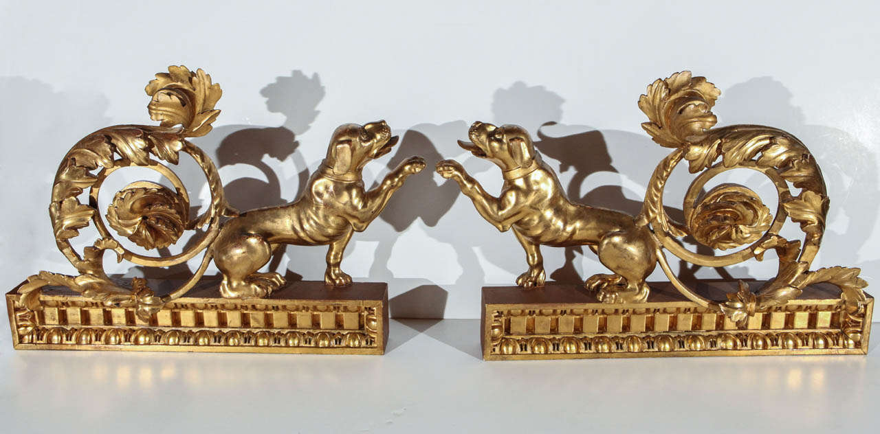 Pair of left and right, elaborately hand-carved and gilded dogs with with foliate tails on egg and dart pediments.