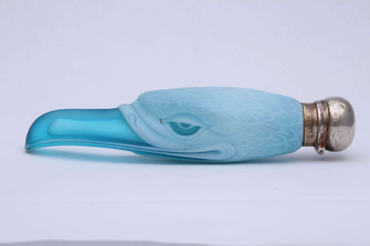 An important Thomas Webb & Sons turquoise and white cameo glass falcon's head scent bottle, original glass stopper, hallmarked silver cover, RD 16898