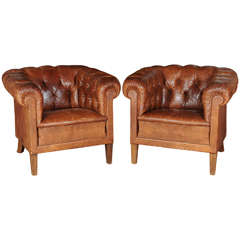 A Pair Of Vintage 1920's Leather Club Seats, Chesterfield Style