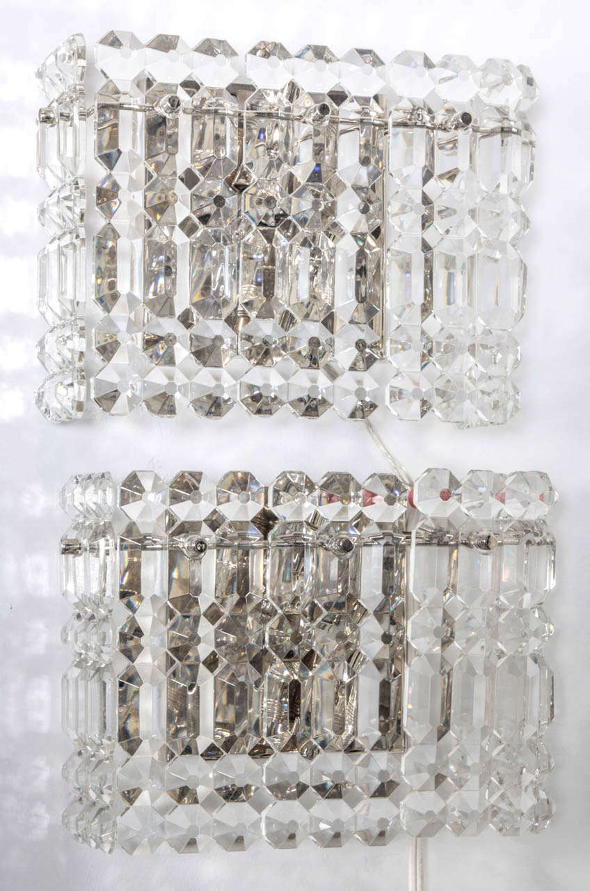 Hollywood Regency Pair of Rectangular Crystal Prism Sconces by Kinkeldey