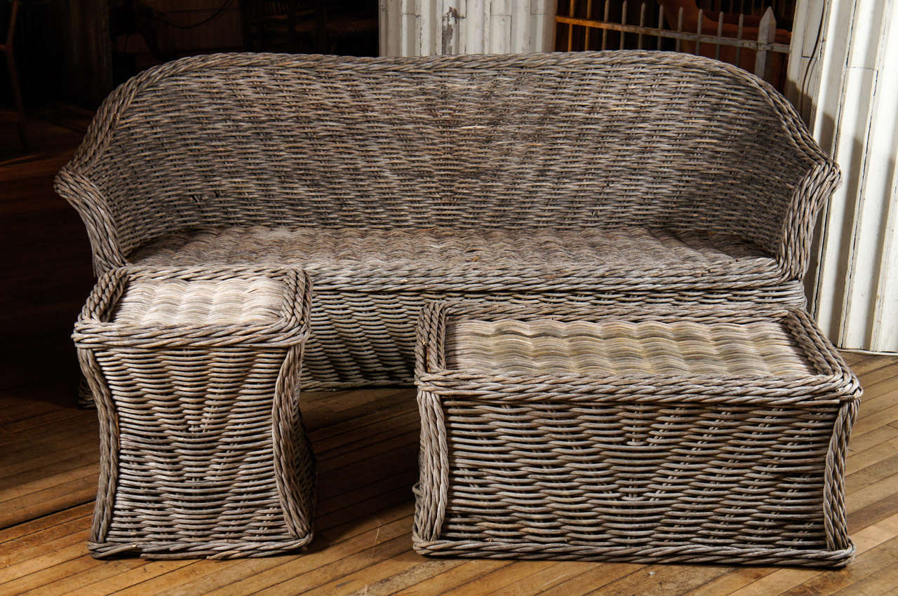 beautifully weathered heavy gauge wicker set - large sofa with two side tables - 60's - a sprinkling of wicker loss

- sofa measures: 81