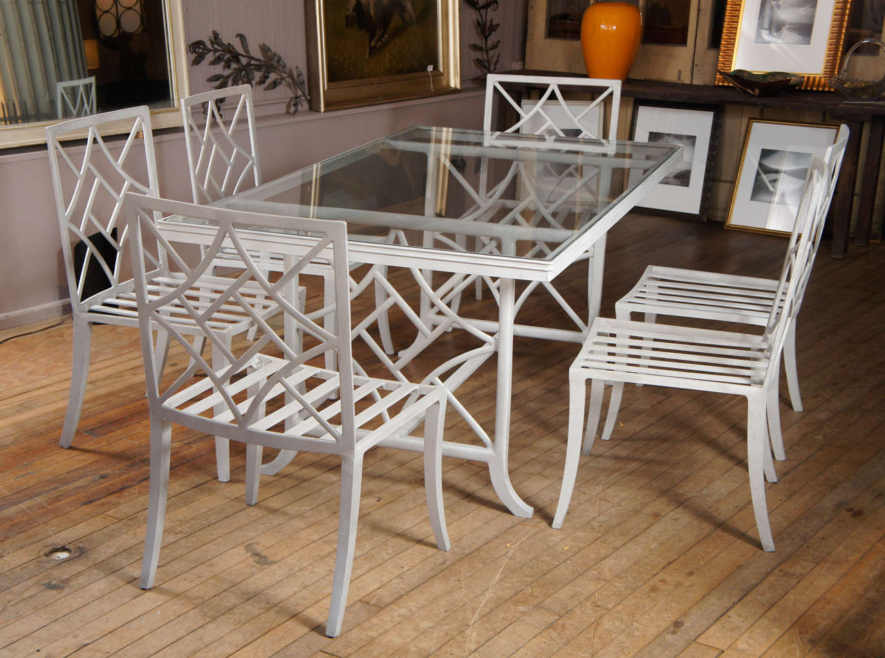 hollywood chippendale style  glass top dining table with 6 side chairs and 2 armchairs - c. 1950's - sand cast in Zinc (white bronze) - has been sandblasted to raw metal - measurements: table 36.5