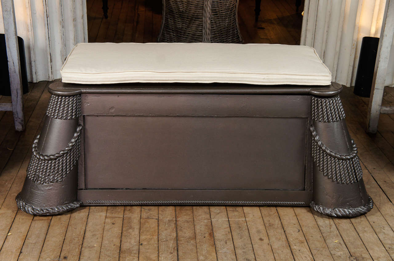 wood carved bench - with fringe drapery accents - lift top reveals a 2.5