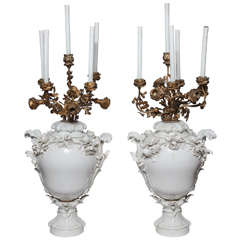 Pair of Rococo KPM Porcelain Vases Candelabras with Bronze Ormolu Branches