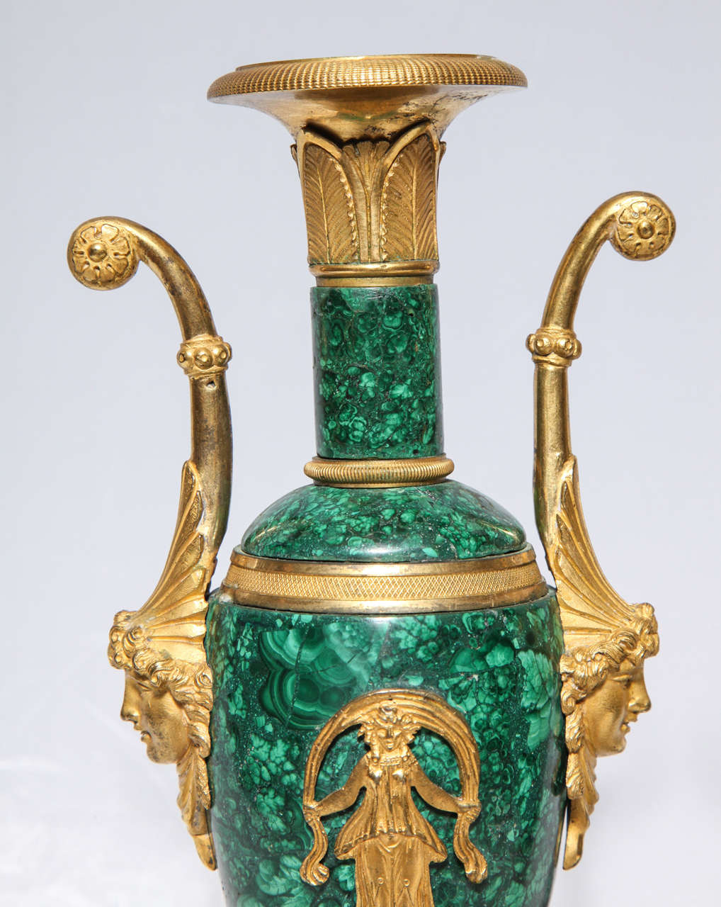 Gilt Pair of Neoclassical Empire Period Russian Malachite and Dore Bronze Vases