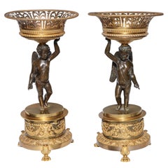 Pair of Russian Empire Period Gilt and Patinated Bronze Cupid Centrepieces
