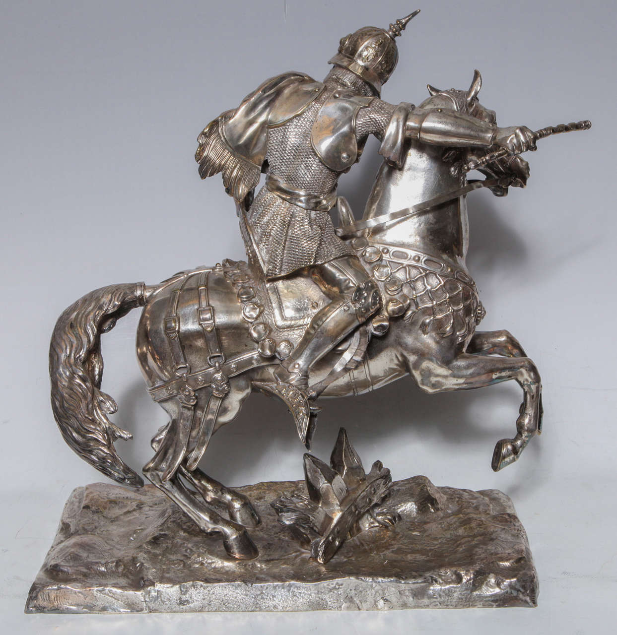 French Pair of Silvered Bronze Group of Equestrian Fighting Knights on Horses