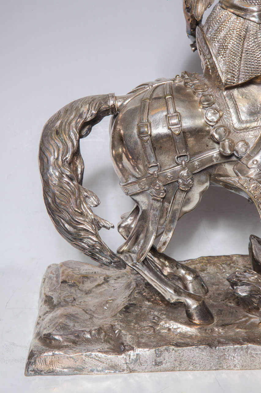 Pair of Silvered Bronze Group of Equestrian Fighting Knights on Horses In Good Condition In New York, NY