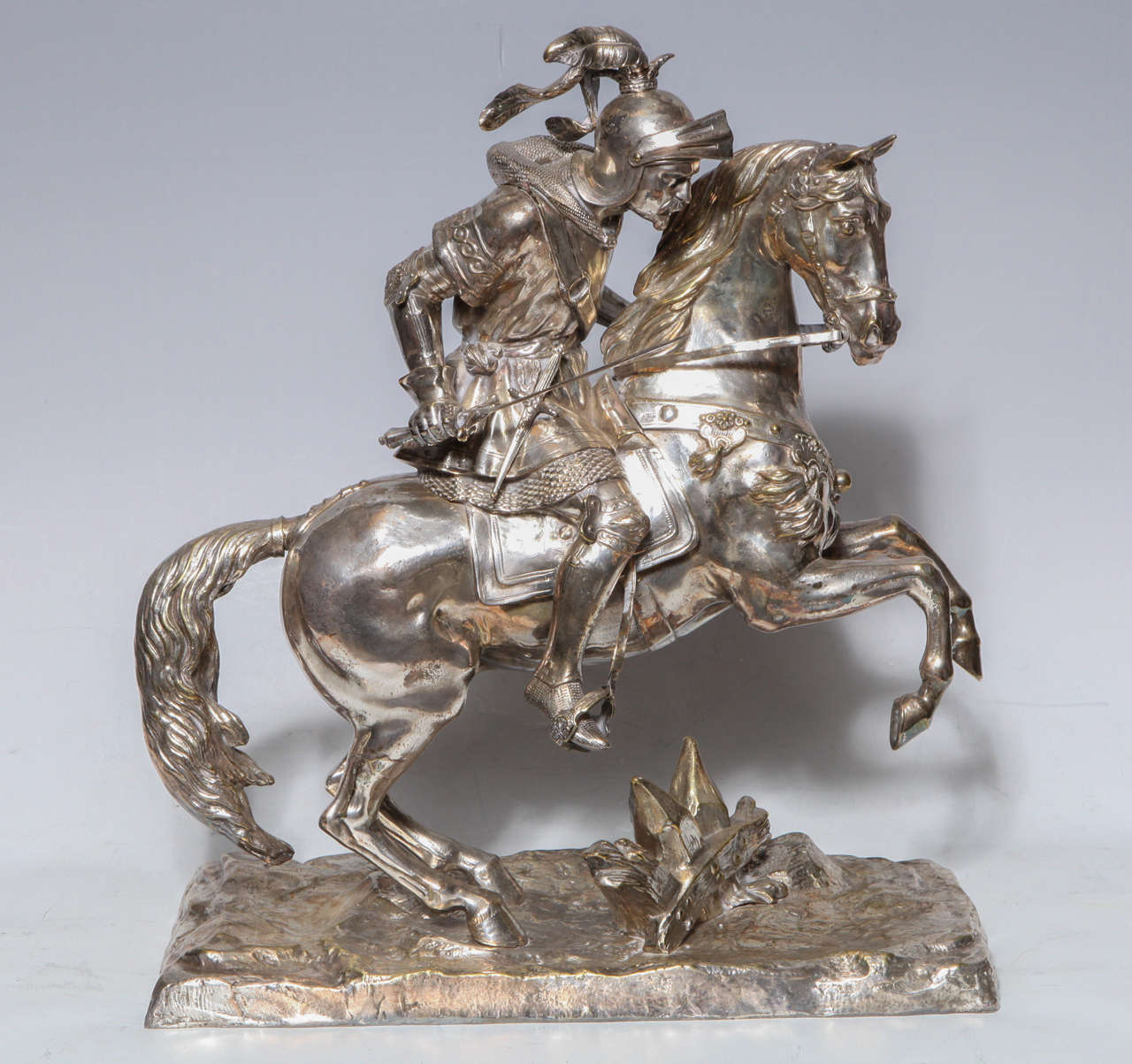 19th Century Pair of Silvered Bronze Group of Equestrian Fighting Knights on Horses