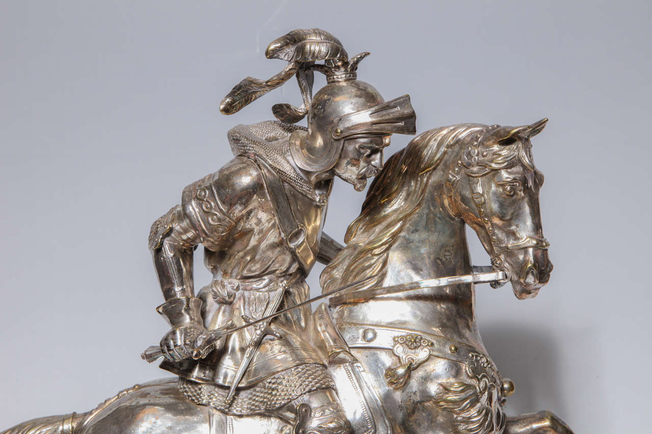 Pair of Silvered Bronze Group of Equestrian Fighting Knights on Horses 1