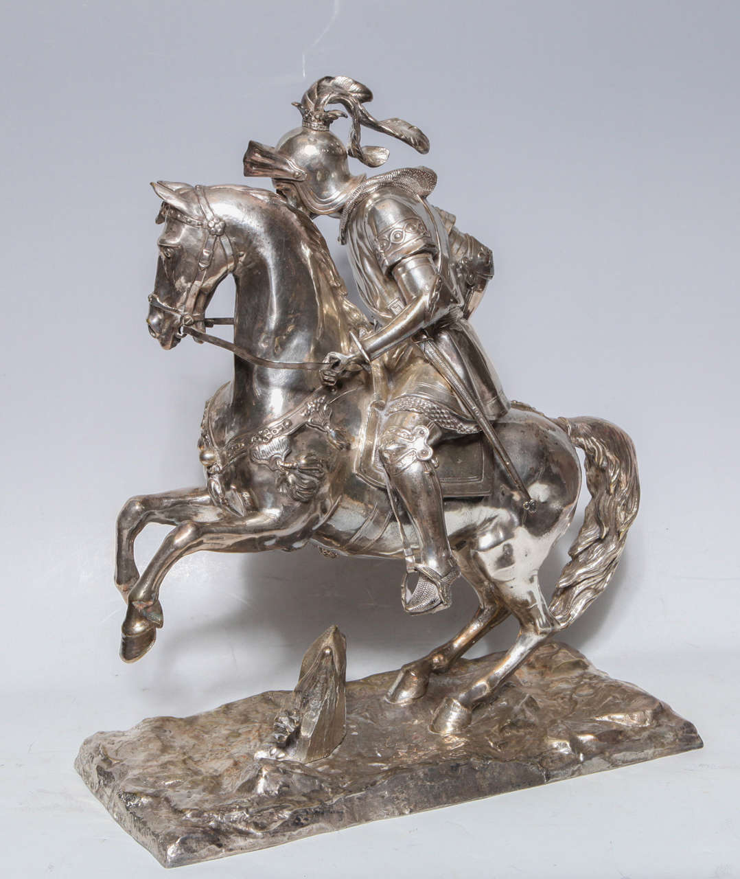 Pair of Silvered Bronze Group of Equestrian Fighting Knights on Horses 3