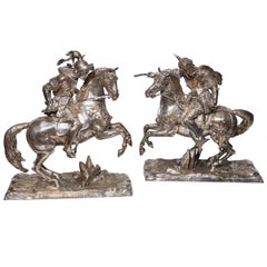 Antique Pair of Silvered Bronze Group of Equestrian Fighting Knights on Horses
