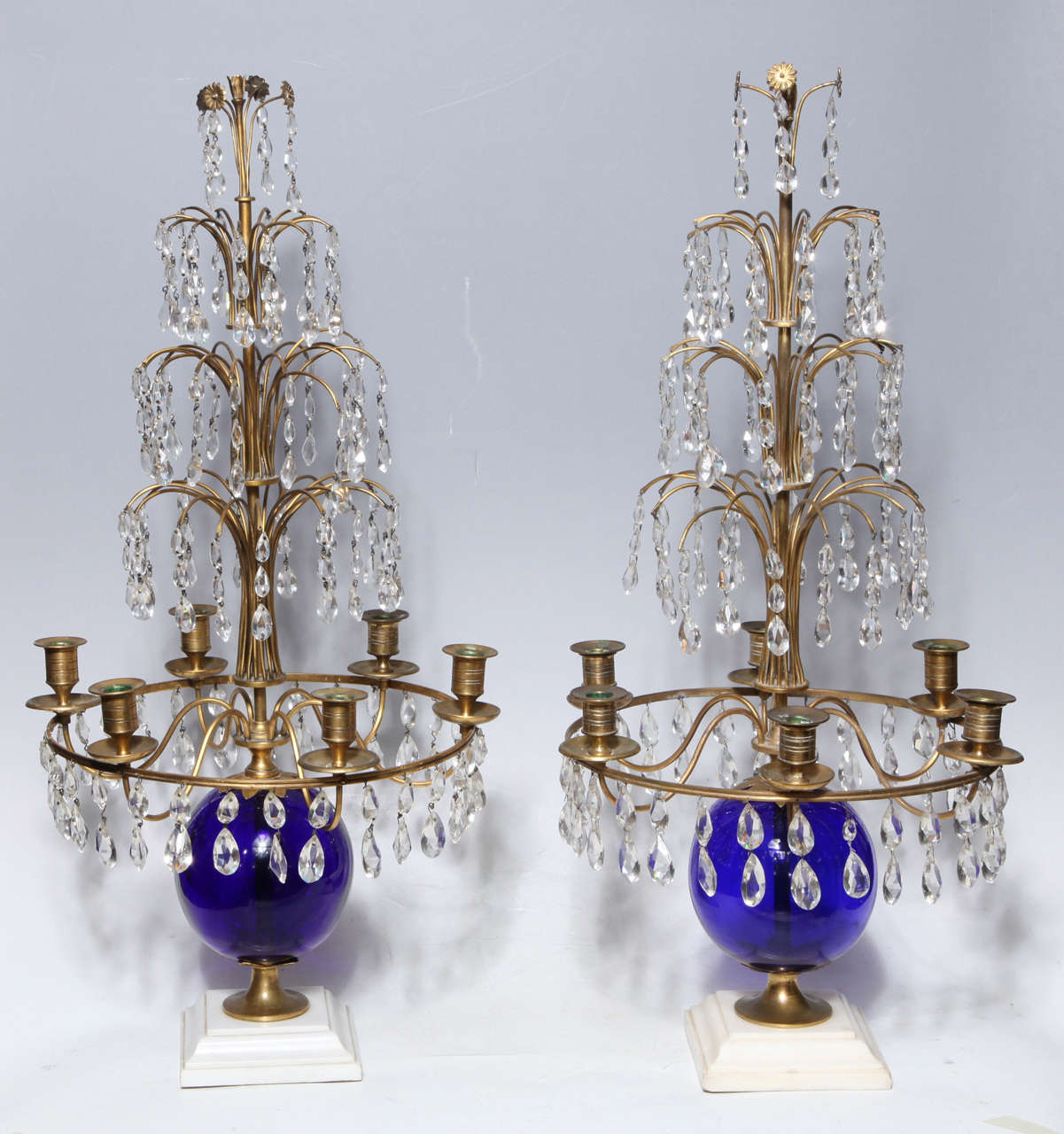 Pair of Russian neoclassical Royal cobalt blue glass and hand diamond cut crystal 
