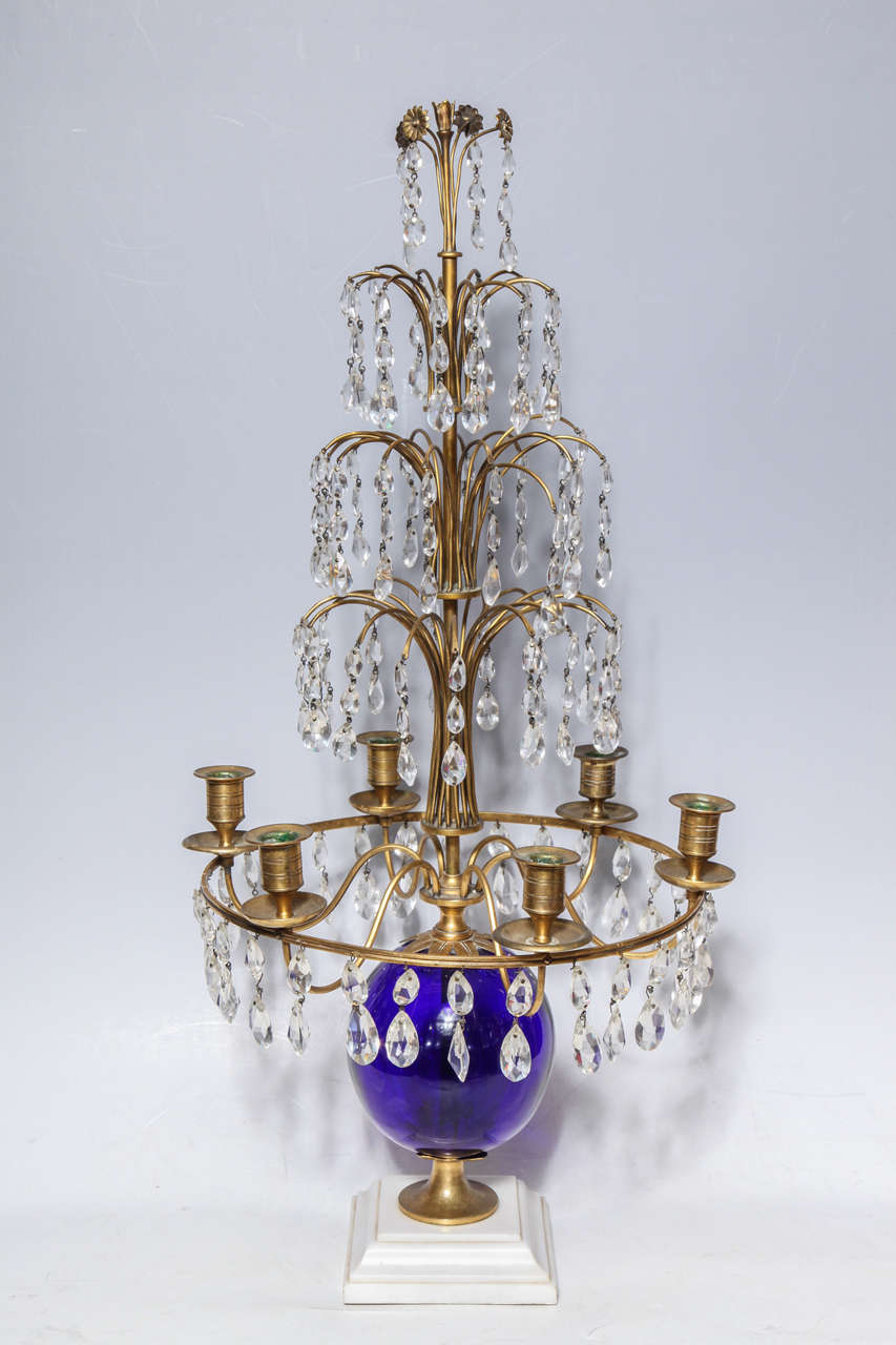 Pair of Russian Neoclassical Cobalt Blue Glass and Bronze, Six-Light Candelabras For Sale 3