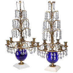 Pair of Russian Neoclassical Cobalt Blue Glass and Bronze, Six-Light Candelabras