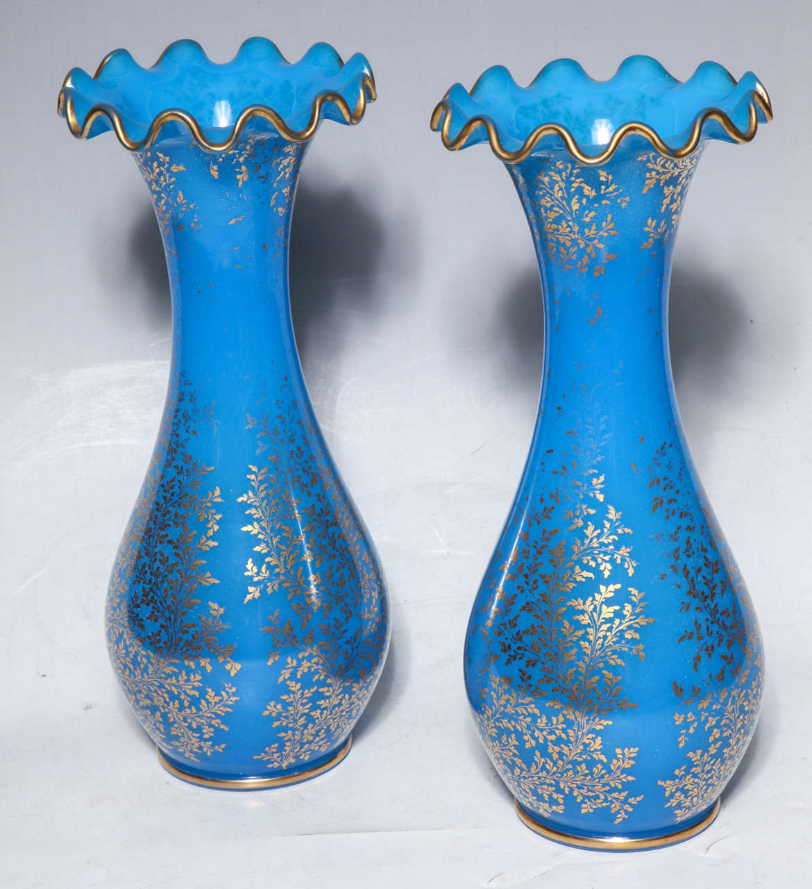 French Pair of Baccarat Blue Opaline Crystal Vases with 24-Karat Gold Decorations For Sale