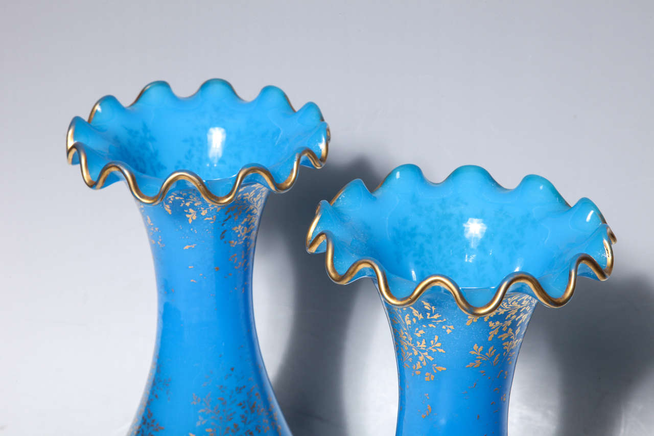 Pair of Baccarat Blue Opaline Crystal Vases with 24-Karat Gold Decorations In Excellent Condition For Sale In New York, NY