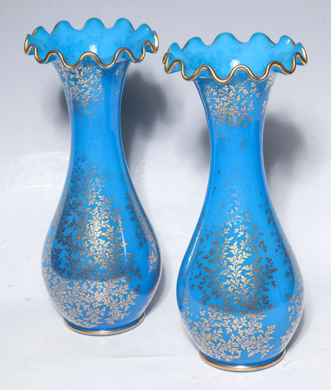 19th Century Pair of Baccarat Blue Opaline Crystal Vases with 24-Karat Gold Decorations For Sale