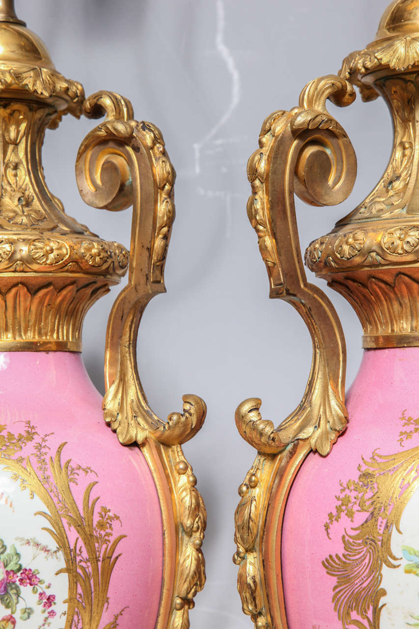 Pair of Louis XVI Style French Sevres Porcelain and Dore Bronze Vases or Lamps For Sale 2