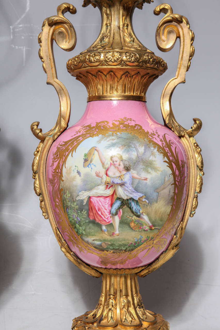 Pair of Louis XVI Style French Sevres Porcelain and Dore Bronze Vases or Lamps For Sale 4