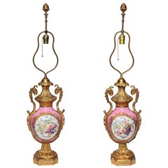 Pair of Louis XVI Style French Sevres Porcelain and Dore Bronze Vases or Lamps