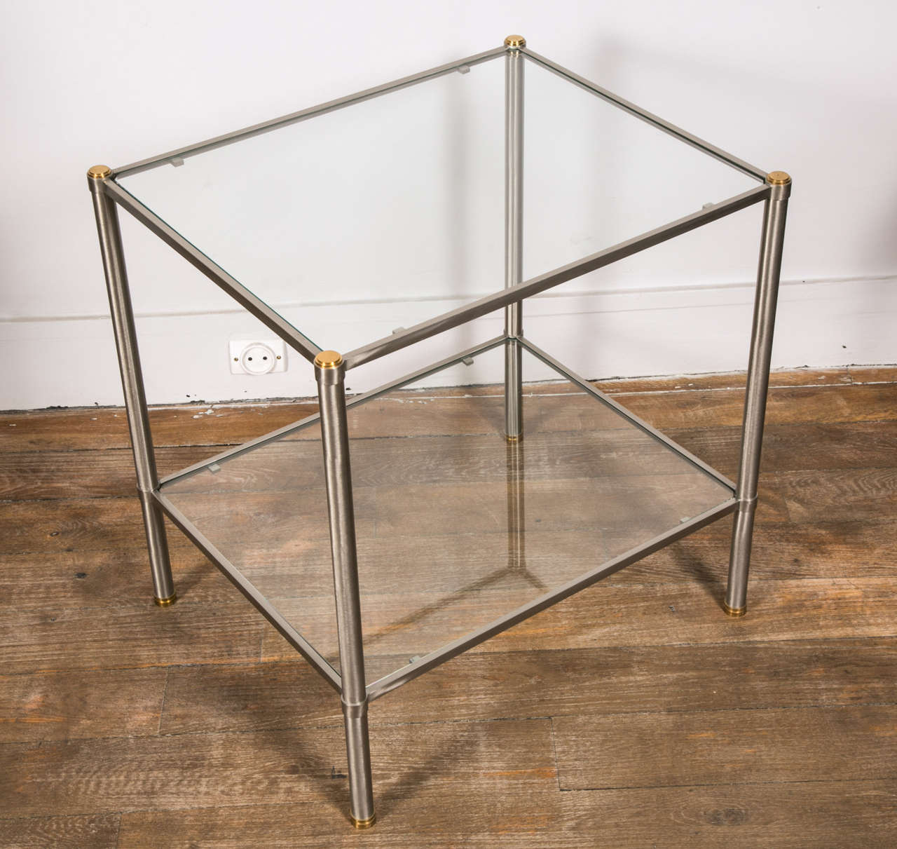 Mid-Century Modern Pair of Two-Tier Brushed Steel End Tables
