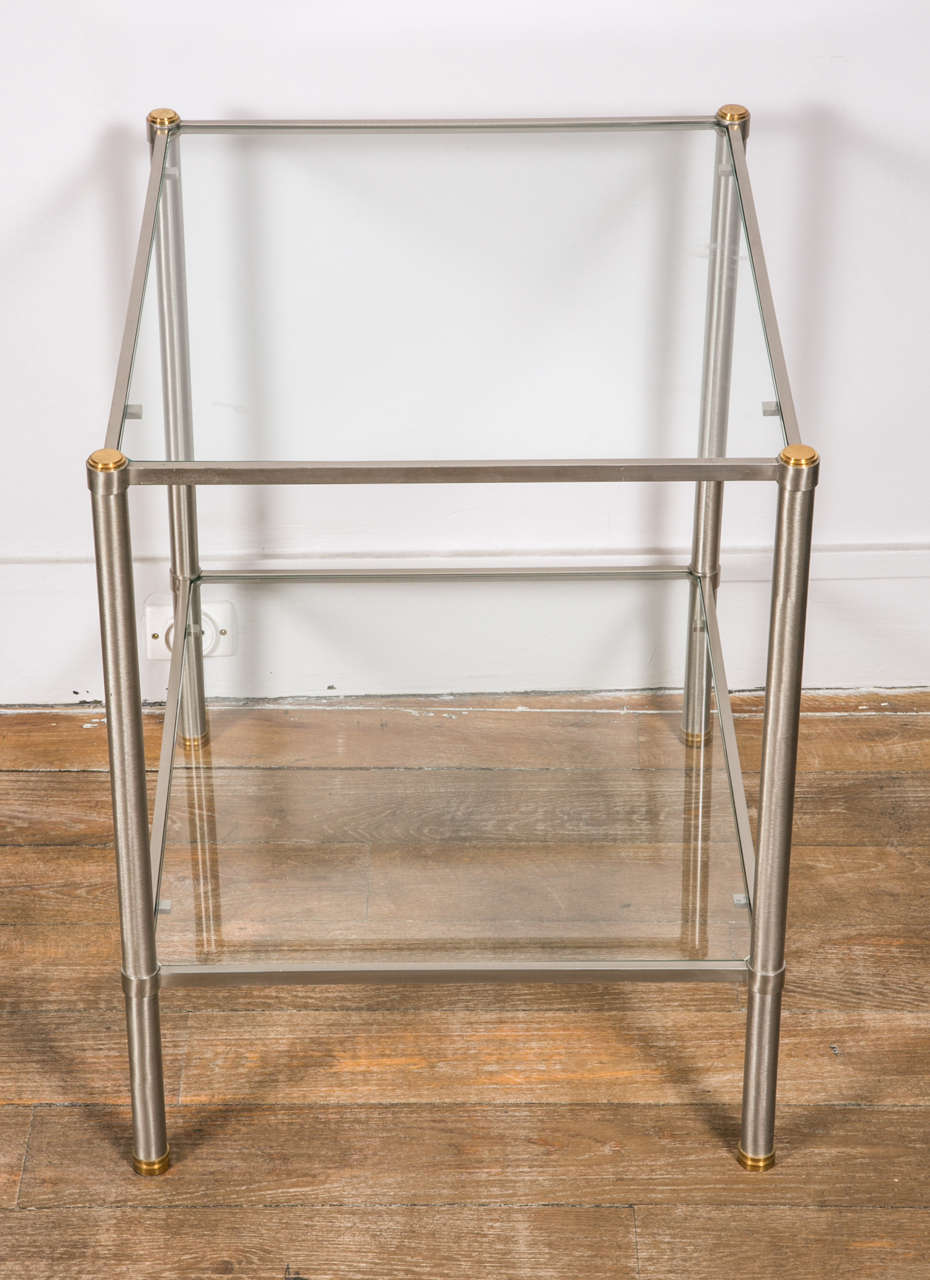 French Pair of Two-Tier Brushed Steel End Tables