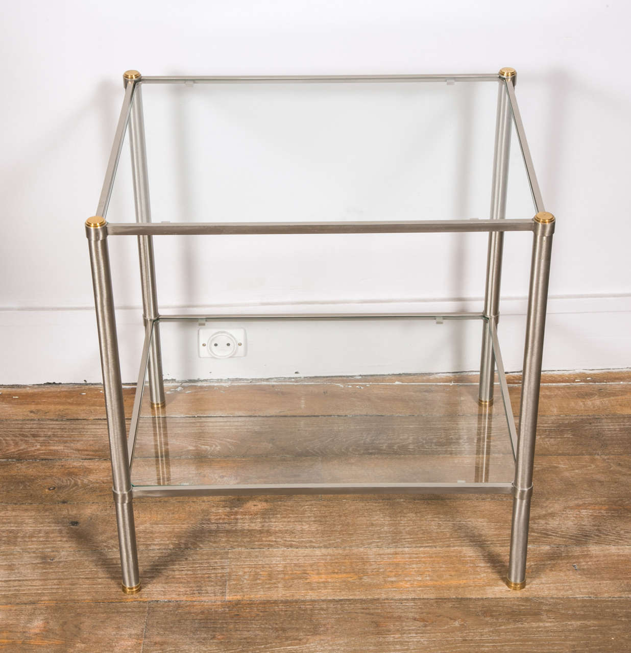 Pair of Two-Tier Brushed Steel End Tables 3