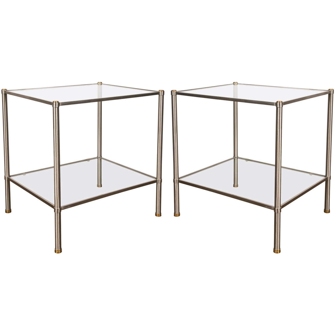 Pair of Two-Tier Brushed Steel End Tables