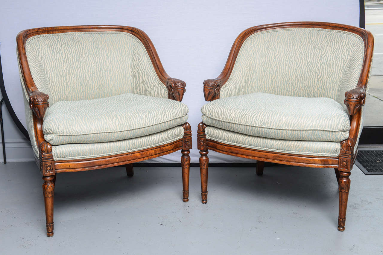 European Pair of Mid-Century Upholstered Empire Style Fauteuils