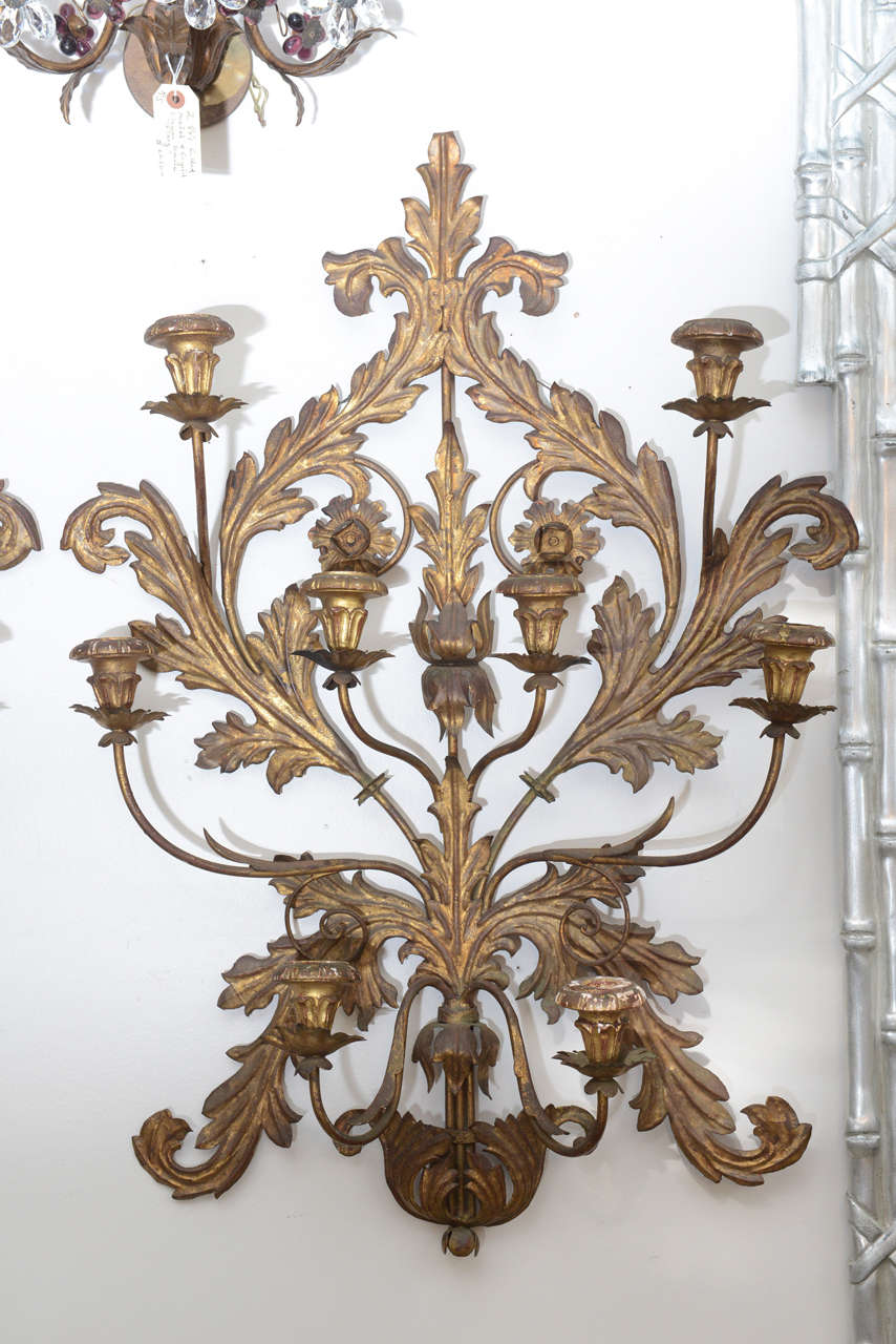 Pair of Italian 19th Century Gilt Metal Wall Sconces In Good Condition In West Palm Beach, FL