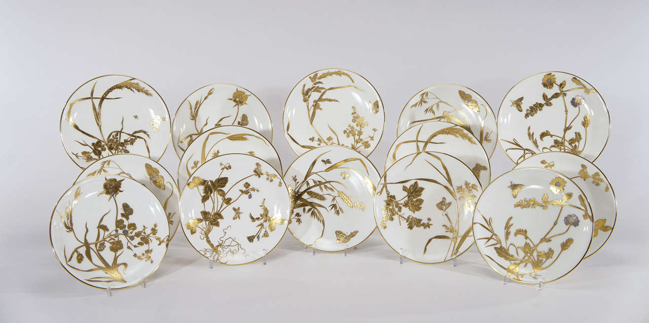 Set of 12 Minton 19th Century Aesthetic Movement Hand-Painted Dessert Plates