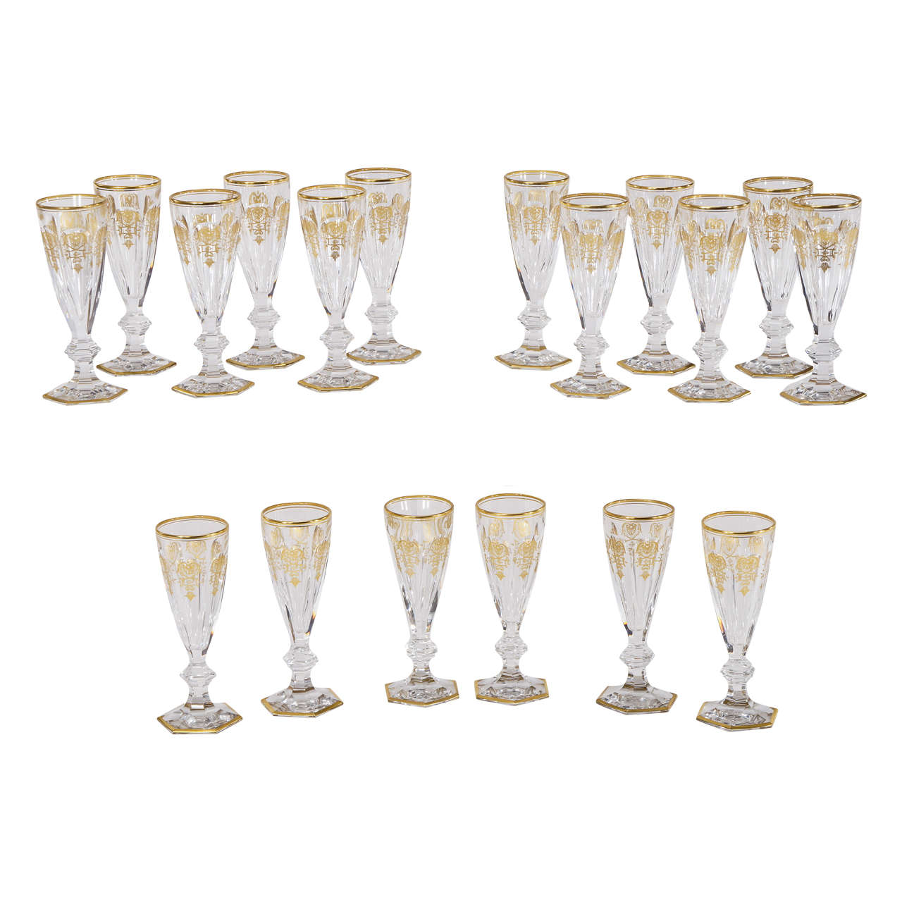 Set of 18 Signed Baccarat Crystal Champagne Flutes "Empire" Pattern