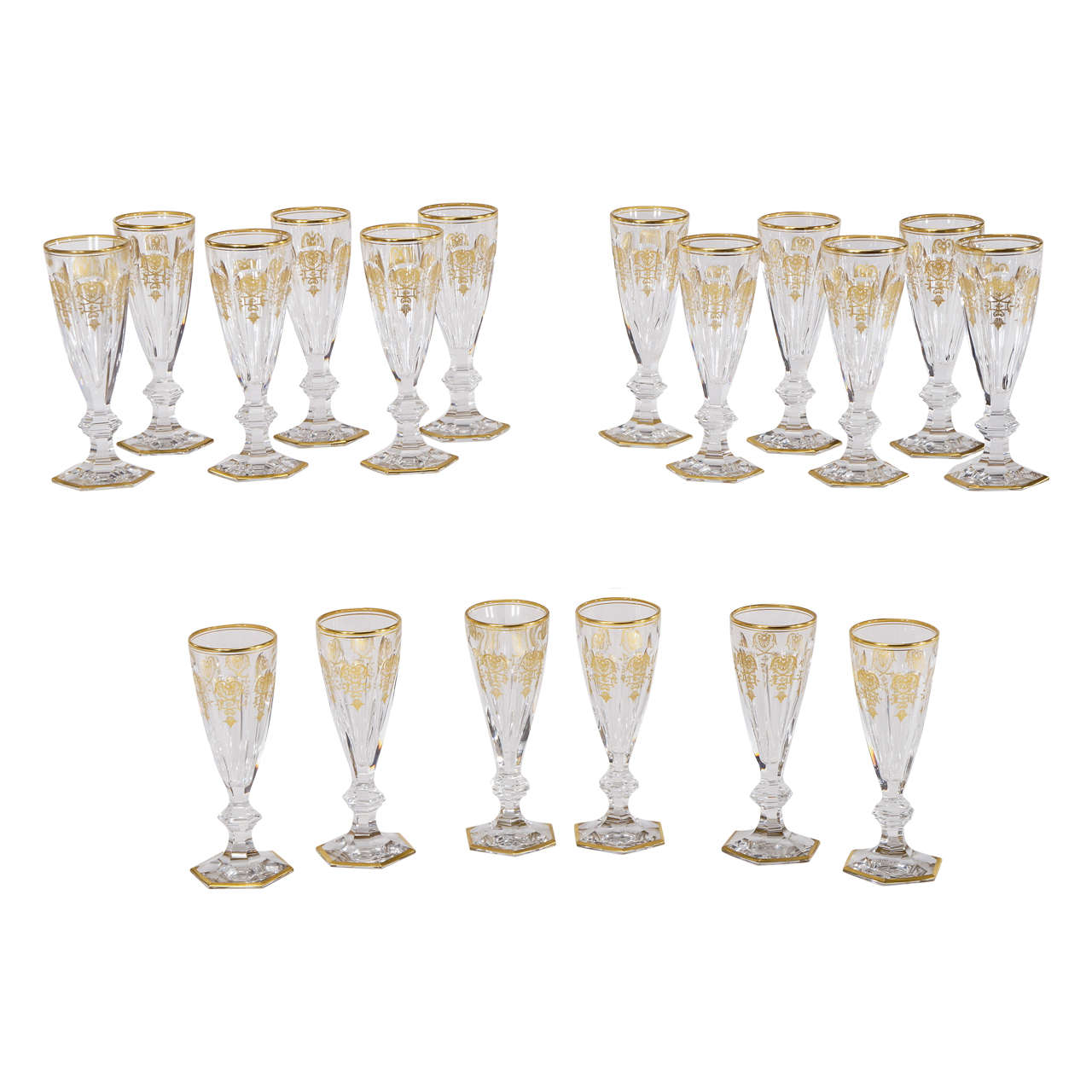 Set of 18 Signed Baccarat Crystal Champagne Flutes "Empire" Pattern